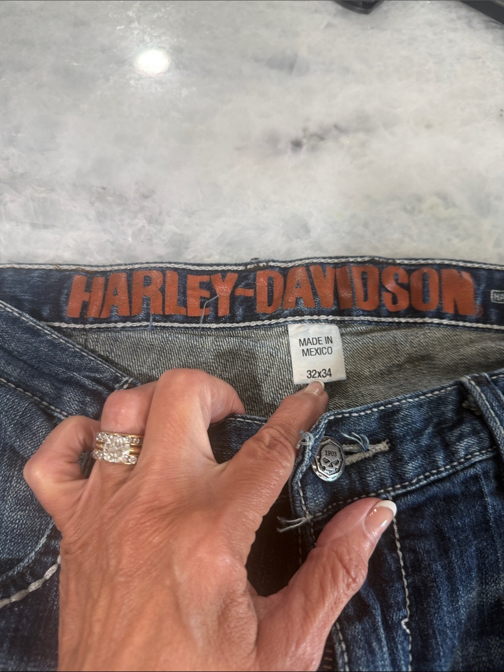 Harley-Davidson Men’s Dark Blue Denim Jeans with Orange Logo